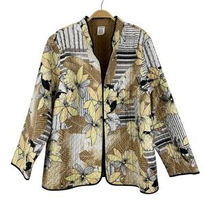 Alfred Dunner Quilted Floral Open Front Jacket Women 18W Tan Yellow Cottagecore